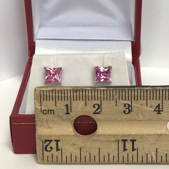 Real Solid 14K White Gold Princess Cut Pink Solitaire Gemstone Stud Earrings - Picture 6 of 12